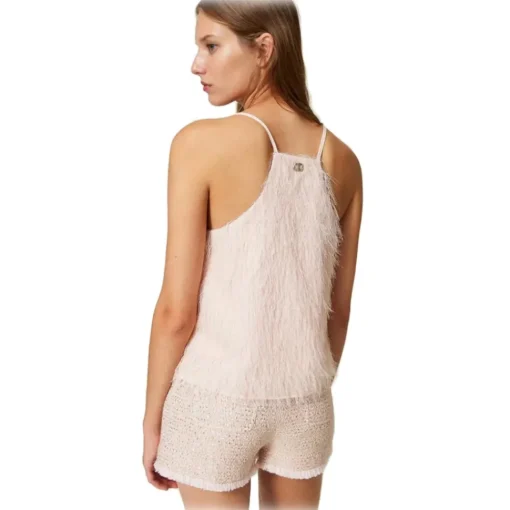 Twinset Tops-- Top with Feather Effect Threads - Powder Pink - Top - Made in Italy - Luxury Exclusive Collection - Avvenice
