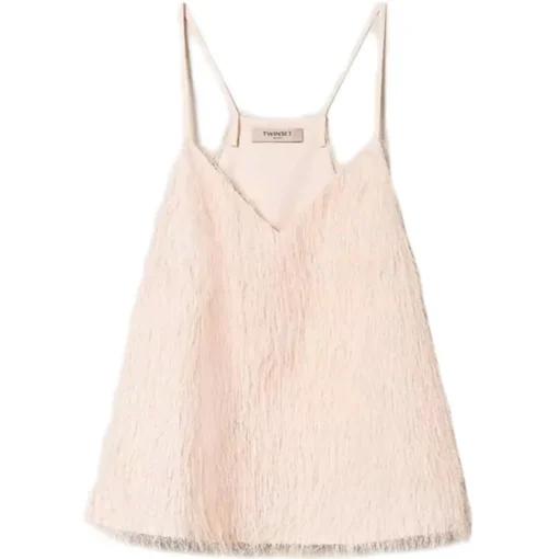 Twinset Tops-- Top with Feather Effect Threads - Powder Pink - Top - Made in Italy - Luxury Exclusive Collection - Avvenice