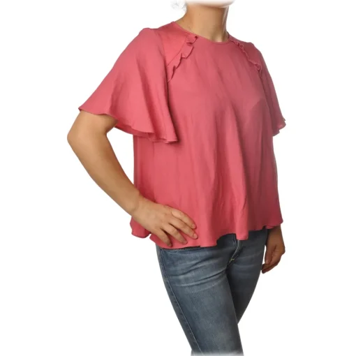 Twinset Shirts-- Trapeze Fit Blouse Short Sleeves with Gala - Pink - Shirt - Made in Italy - Luxury Exclusive Collection - Avvenice