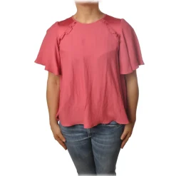 Twinset Shirts-- Trapeze Fit Blouse Short Sleeves with Gala - Pink - Shirt - Made in Italy - Luxury Exclusive Collection - Avvenice