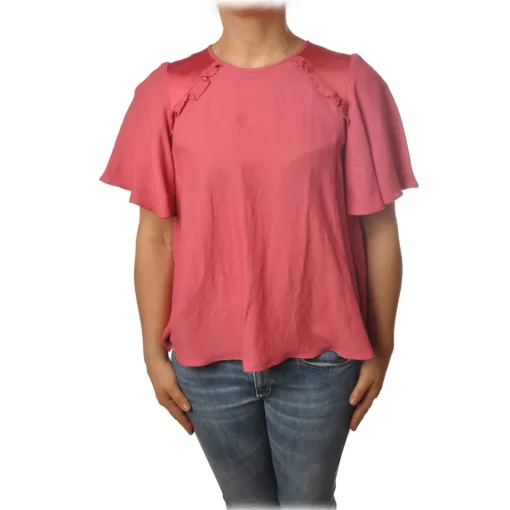 Twinset Shirts-- Trapeze Fit Blouse Short Sleeves with Gala - Pink - Shirt - Made in Italy - Luxury Exclusive Collection - Avvenice