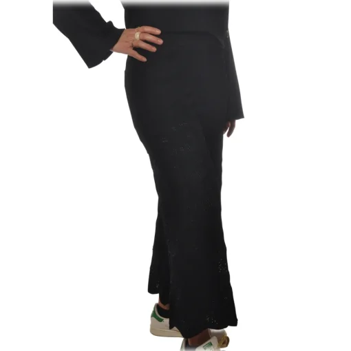 Twinset Trousers-- Wide Leg Trousers Peacock Stitch Processing - Black - Trousers - Made in Italy - Luxury Exclusive Collection - Avvenice