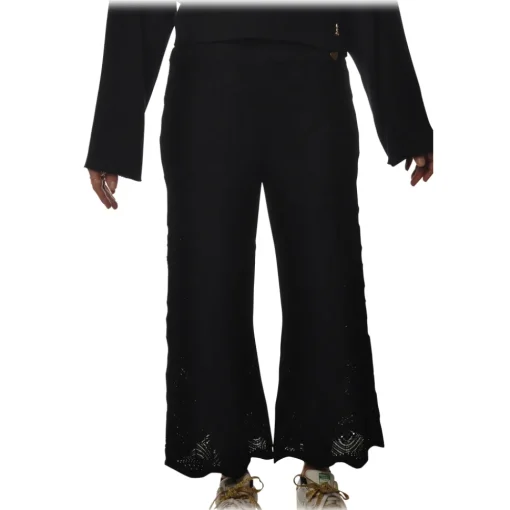 Twinset Trousers-- Wide Leg Trousers Peacock Stitch Processing - Black - Trousers - Made in Italy - Luxury Exclusive Collection - Avvenice