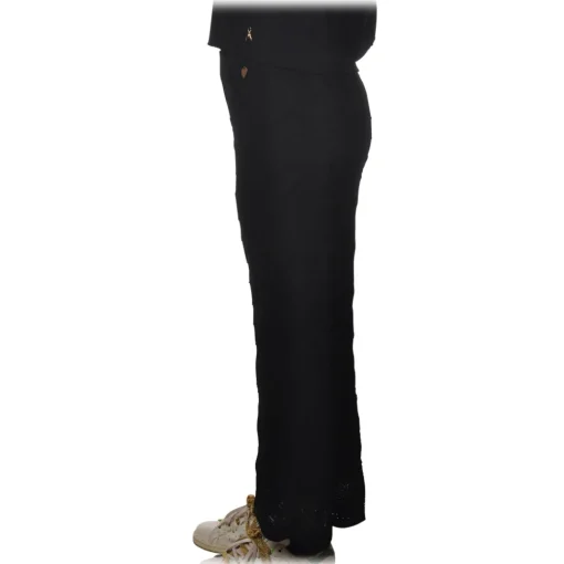 Twinset Trousers-- Wide Leg Trousers Peacock Stitch Processing - Black - Trousers - Made in Italy - Luxury Exclusive Collection - Avvenice