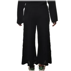 Twinset Trousers-- Wide Leg Trousers Peacock Stitch Processing - Black - Trousers - Made in Italy - Luxury Exclusive Collection - Avvenice