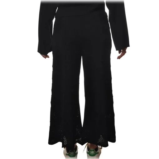 Twinset Trousers-- Wide Leg Trousers Peacock Stitch Processing - Black - Trousers - Made in Italy - Luxury Exclusive Collection - Avvenice