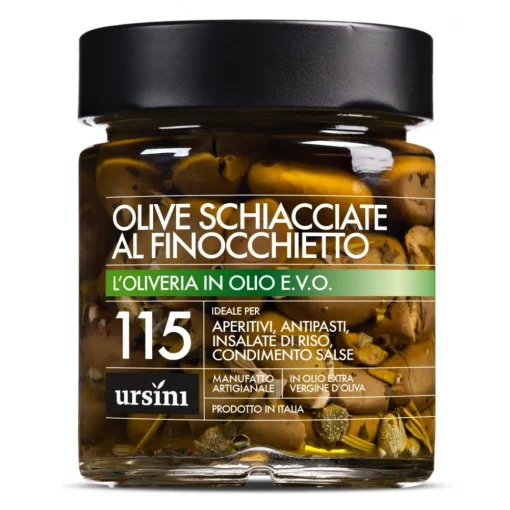 Ursini Preserved Foods-- Smashed Olives with Wild Fennel - 115 - In Extra Virgin Oil - Olives - Organic Italian Extra Virgin Olive Oil - Avvenice