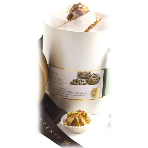 Vincente Delicacies Sweets-- Almond Cookies with Sicilian Pistachios - Fine Pastry with Almonds in Cylindrical Box - Avvenice