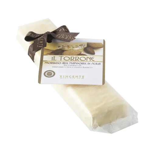 Vincente Delicacies Sweets-- Soft Nougat Bar with Sicilian Almonds and Covered with Fine White Chocolate - Opal Box - Avvenice