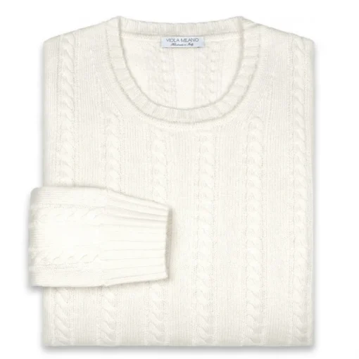 Viola Milano Knitwears-- Cable Knit Lambswool Sweater - Ivory - Handmade in Italy - Luxury Exclusive Collection - Avvenice