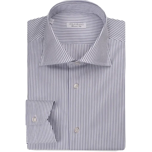 Viola Milano Shirts-- Classic Stripe Cut-Away Collar Dress Shirt - Midnight/White - Handmade in Italy - Luxury Exclusive Collection - Avvenice