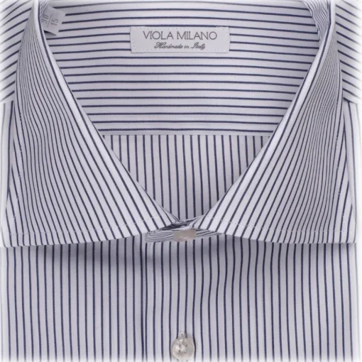 Viola Milano Shirts-- Classic Stripe Cut-Away Collar Dress Shirt - Midnight/White - Handmade in Italy - Luxury Exclusive Collection - Avvenice