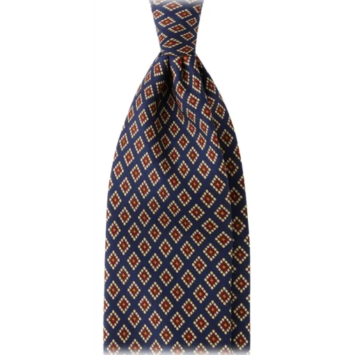 Viola Milano Ties & Bow Ties-- Diamond Pattern 3-Fold Handprinted Selftipped Silk Tie - Navy - Handmade in Italy - Luxury Exclusive Collection - Avvenice