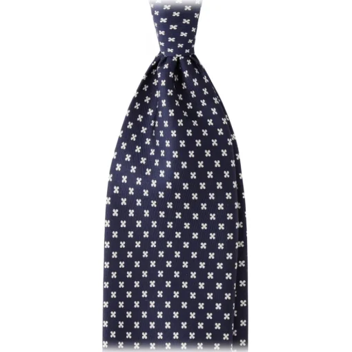 Viola Milano Ties & Bow Ties-- Floral Pattern Selftipped Italian Silk Tie - Navy/White - Handmade in Italy - Luxury Exclusive Collection - Avvenice