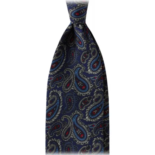 Viola Milano Ties & Bow Ties-- Paisley Pattern 3-Fold Handprinted Untipped Silk Tie - Navy - Handmade in Italy - Luxury Exclusive Collection - Avvenice