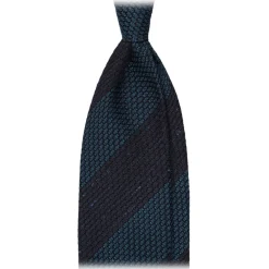 Viola Milano Ties & Bow Ties-- Raw Block Stripe 3-Fold Grenadine Tie - Denim/Sea - Handmade in Italy - Luxury Exclusive Collection - Avvenice