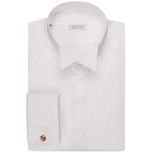 Viola Milano Shirts-- White Cotton Dress Shirt With Wing Collar And Double Cuffs - Handmade in Italy - Luxury Exclusive Collection - Avvenice
