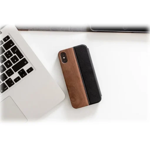 Woodcessories Case-- Eco Wallet Flip Cover - Real Wood and Leather - Walnut - iPhone XR - Eco Case - Flip Collection - Avvenice