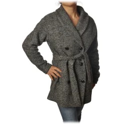 Woolrich Jackets-- Belted Wool Coat - Black Herringbone - Jacket - Luxury Exclusive Collection - Avvenice