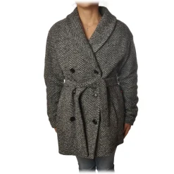 Woolrich Jackets-- Belted Wool Coat - Black Herringbone - Jacket - Luxury Exclusive Collection - Avvenice