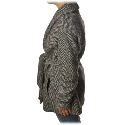 Woolrich Jackets-- Belted Wool Coat - Black Herringbone - Jacket - Luxury Exclusive Collection - Avvenice