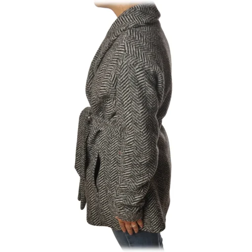 Woolrich Jackets-- Belted Wool Coat - Black Herringbone - Jacket - Luxury Exclusive Collection - Avvenice