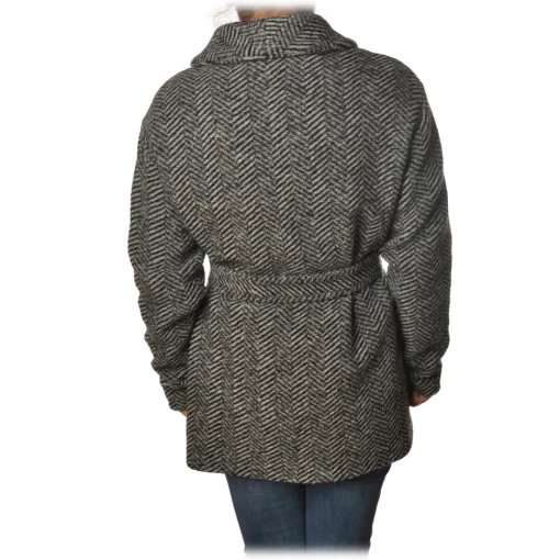 Woolrich Jackets-- Belted Wool Coat - Black Herringbone - Jacket - Luxury Exclusive Collection - Avvenice
