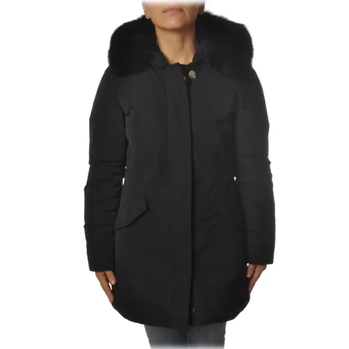 Woolrich Jackets-- Fitted Down Jacket with Fox Fur Trimmed Hood - Black - Jacket - Luxury Exclusive Collection - Avvenice
