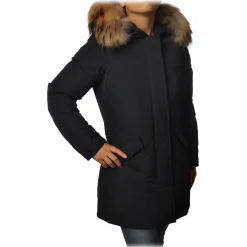 Woolrich Jackets-- Jacket in Shiny Material with Fur-Trimmed Hood - Blue - Jacket - Luxury Exclusive Collection - Avvenice