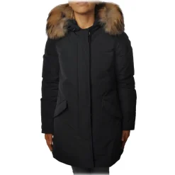 Woolrich Jackets-- Jacket in Shiny Material with Fur-Trimmed Hood - Blue - Jacket - Luxury Exclusive Collection - Avvenice