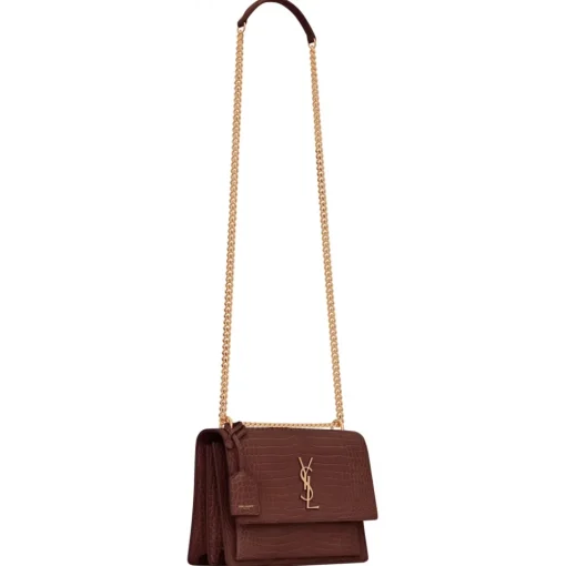 Yves Saint Laurent Bags-- Sunset Medium in Crocodile-Embossed Leather - Red Velvet - Saint Laurent Exclusive Collection - Avvenice